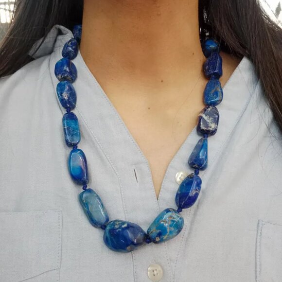 Handmade Lapis Lazuli Gemstone Necklace, Vintage Beaded Stone Necklace, - Picture 2 of 10